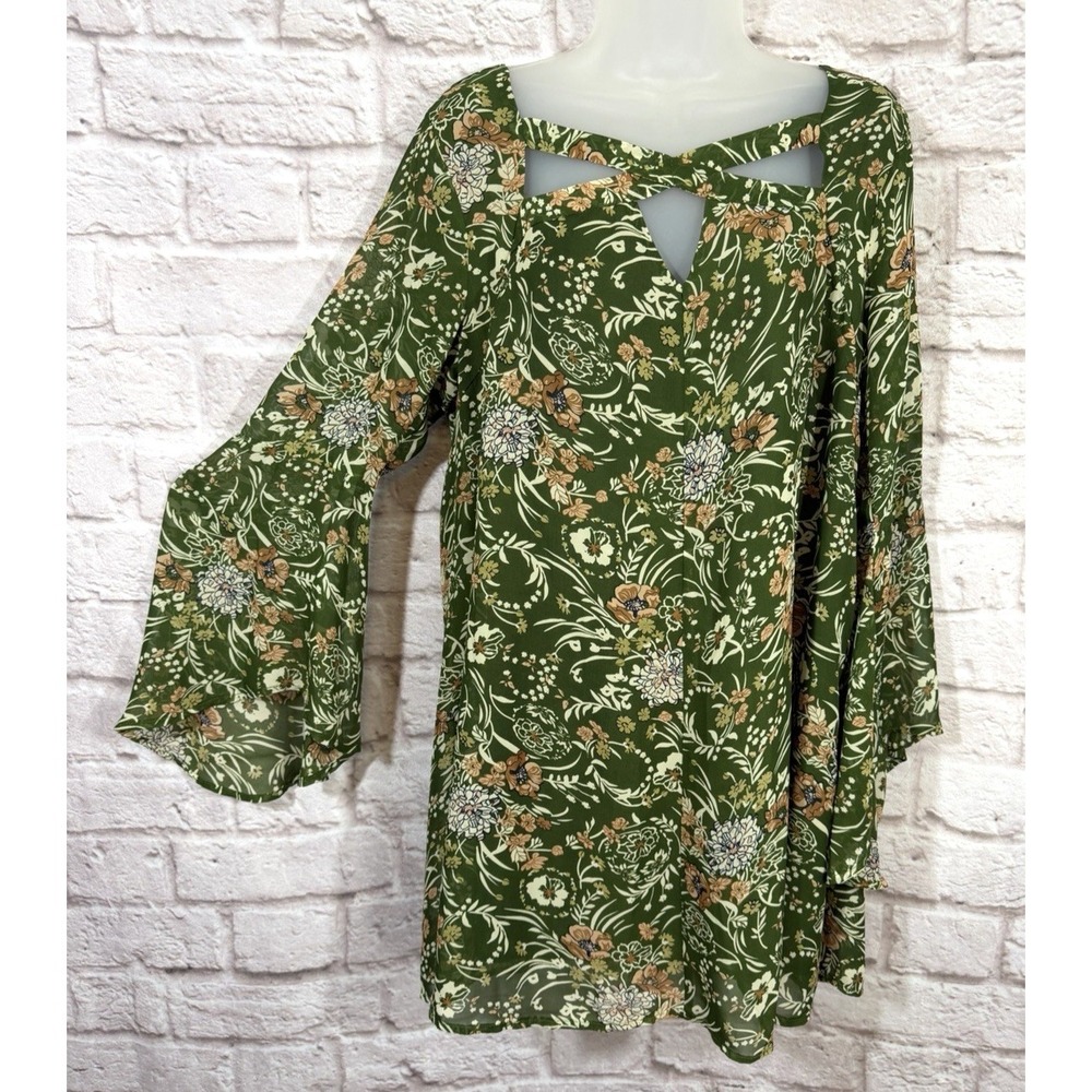 Umgee Floral Bell Sleeve Green Chiffon Mini Dress Medium Cottagecore Bohemian